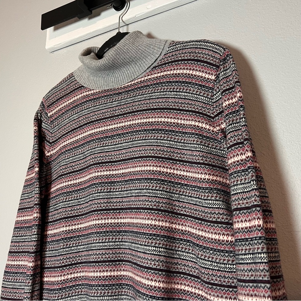LL Bean Fair Isle Turtleneck Sweater Gray Stripes Cotton Cashmere Size Large